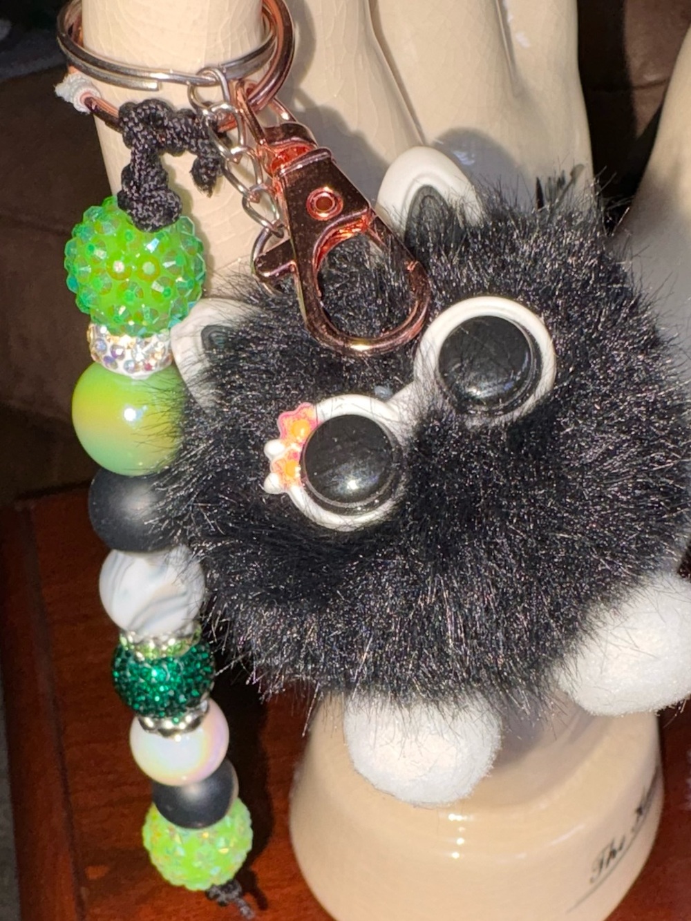 Black Furry Monster Keychain with Green black and white bubble bead bag charm